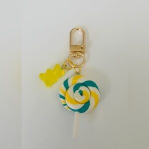 Teal & Yellow Swirl Lollipop Keychain with Yellow Gummy Bear Charm
